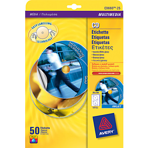 Avery Etichette a copertura totale per CD/DVD, Per stampanti inkjet, Diametro 117 mm, 25 fogli, 2 etichette per foglio, Extra-lucido Bianco Avery Etichette a copertura totale per CD/DVD, Per stampanti inkjet, Diametro 117 mm, 25 fogli, 2 etichette per foglio, Extra-lucido Bianco