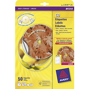 Avery Etichette a copertura totale per CD/DVD, Per stampanti inkjet e laser, Diametro 117 mm, 100 fogli, 2 etichette per foglio, Bianco Avery Etichette a copertura totale per CD/DVD, Per stampanti inkjet e laser, Diametro 117 mm, 100 fogli, 2 etichette per foglio, Bianco