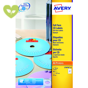 Avery Etichette a copertura totale per CD/DVD, Per stampanti laser, Diametro 117 mm, 25 fogli, 2 etichette per foglio, Bianco opaco (confezione 50 etichette) Avery Etichette a copertura totale per CD/DVD, Per stampanti laser, Diametro 117 mm, 25 fogli, 2 etichette per foglio, Bianco opaco (confezione 50 etichette)