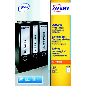 Avery Etichette dorso per registratori archivio, Per tutte le stampanti, 60 x 200 mm, 25 fogli, 4 etichette per foglio, Autoadesive, Bianco brillante