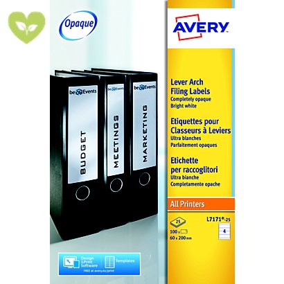 Avery Etichette dorso per registratori archivio, Per tutte le stampanti, 60 x 200 mm, 25 fogli, 4 etichette per foglio, Autoadesive, Bianco brillante - 1