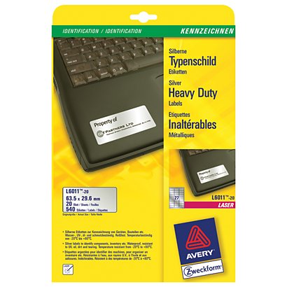 Avery Etichette extra-forti, Per stampanti laser in bianco e nero, 63,5 x 29,6 mm, 20 fogli, 27 etichette per foglio, Argento - 1