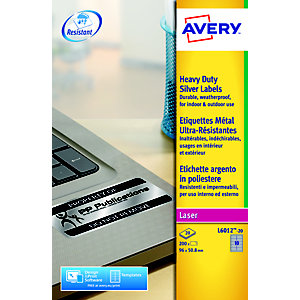 Avery Etichette extra-forti, Per stampanti laser in bianco e nero, 96 x 50,8 mm, 20 fogli, 10 etichette per foglio, Argento