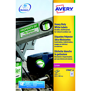 Avery Etichette extra-forti, Per stampanti laser, Resistenti agli agenti atmosferici, 63,5 x 38,1 mm, 20 fogli, 21 etichette per foglio, Bianco