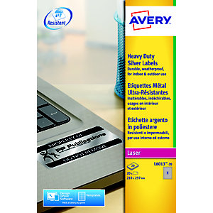 Avery Etichette extra-forti permanenti, Per stampanti laser in bianco e nero, 210 x 297 mm, 20 fogli, 1 etichetta per foglio, Argento