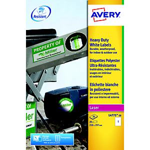 Avery Etichette extra-resistenti, Per stampanti laser, Resistenti agli agenti atmosferici, 210 x 297 mm, 20 fogli, 1 etichetta per foglio, Bianco Avery Etichette extra-resistenti, Per stampanti laser, Resistenti agli agenti atmosferici, 210 x 297 mm, 20 fogli, 1 etichetta per foglio, Bianco