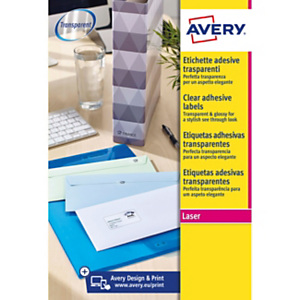 Avery Etichette lucide, Laser, 99,1 x 139 mm, 25 fogli, 4 etichette per foglio, Autoadesive, Trasparente Avery Etichette lucide, Laser, 99,1 x 139 mm, 25 fogli, 4 etichette per foglio, Autoadesive, Trasparente