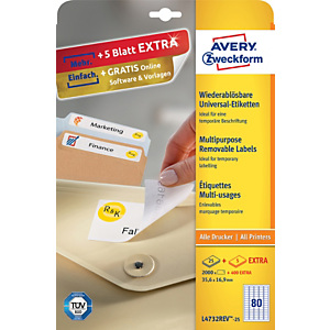Avery Etichette multiuso rimovibili, Per tutte le stampanti, 35,6 x 16,9 mm, 25 fogli, 80 etichette per foglio, Autoadesive, Bianco Avery Etichette multiuso rimovibili, Per tutte le stampanti, 35,6 x 16,9 mm, 25 fogli, 80 etichette per foglio, Autoadesive, Bianco