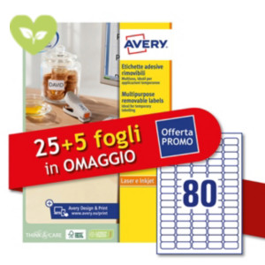 Avery Etichette multiuso rimovibili, Per tutte le stampanti, 35,6 x 16,9 mm, 80 etichette per foglio, Autoadesive, Bianco (confezione 25 + 5 fogli extra) Avery Etichette multiuso rimovibili, Per tutte le stampanti, 35,6 x 16,9 mm, 80 etichette per foglio, Autoadesive, Bianco (confezione 25 + 5 fogli extra)