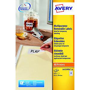 Avery Etichette multiuso rimovibili, Per tutte le stampanti, 63,5 x 29,6 mm, 25 fogli, 27 etichette per foglio, Autoadesive, Bianco
