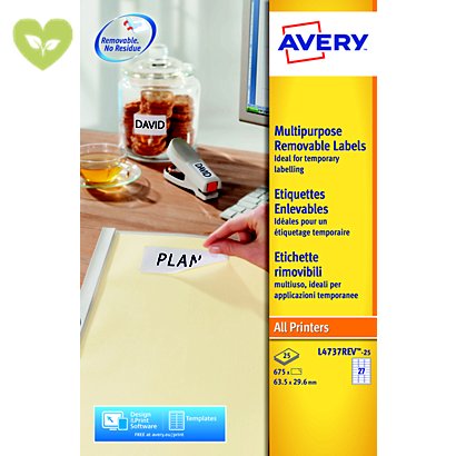Avery Etichette multiuso rimovibili, Per tutte le stampanti, 63,5 x 29,6 mm, 25 fogli, 27 etichette per foglio, Autoadesive, Bianco - 1