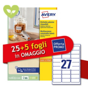 Avery Etichette multiuso rimovibili, Per tutte le stampanti, 63,5 x 29,6 mm, 27 etichette per foglio, Autoadesive, Bianco (confezione 25 + 5 fogli extra) Avery Etichette multiuso rimovibili, Per tutte le stampanti, 63,5 x 29,6 mm, 27 etichette per foglio, Autoadesive, Bianco (confezione 25 + 5 fogli extra)
