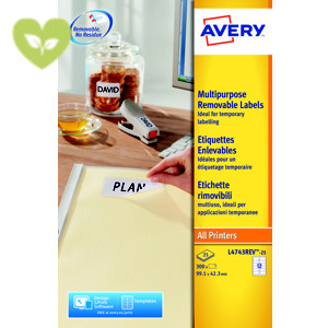 Avery Etichette multiuso rimovibili, Per tutte le stampanti, 99,1 x 42,3 mm, 25 fogli, 12 etichette per foglio, Autoadesive, Bianco