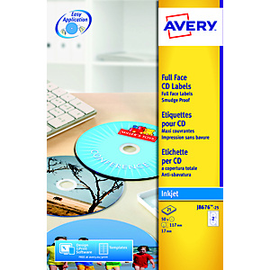 Avery Etichette per CD/DVD Full Face, Per stampanti inkjet, Ø117 mm, 25 fogli, 2 etichette per foglio, Bianco opaco Avery Etichette per CD/DVD Full Face, Per stampanti inkjet, Ø117 mm, 25 fogli, 2 etichette per foglio, Bianco opaco