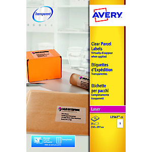 Avery Etichette per indirizzi per buste e pacchi, Per stampanti laser, 210 x 297 mm, 25 fogli, 1 etichetta per foglio, Autoadesive, Trasparente