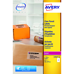 Avery Etichette per indirizzi per buste e pacchi, Per stampanti laser, 210 x 297 mm, 25 fogli, 1 etichetta per foglio, Autoadesive, Trasparente Avery Etichette per indirizzi per buste e pacchi, Per stampanti laser, 210 x 297 mm, 25 fogli, 1 etichetta per foglio, Autoadesive, Trasparente