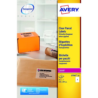 Avery Etichette per indirizzi per buste e pacchi, Per stampanti laser, 210 x 297 mm, 25 fogli, 1 etichetta per foglio, Autoadesive, Trasparente - 1