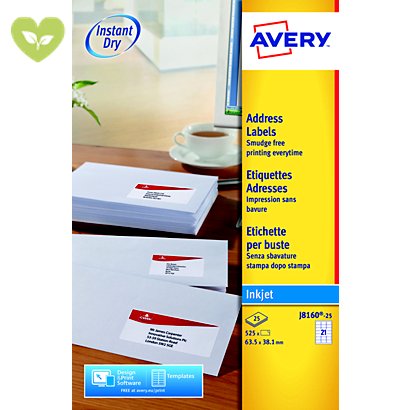 Avery Etichette per indirizzi, Per stampanti inkjet, 63,5 x 38,1 mm, 25 fogli, 21 etichette per foglio, Autoadesive, Bianco - 1