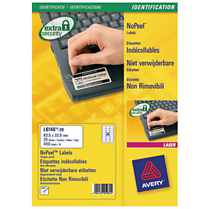 Avery Etichette permanenti NoPeel™ antimanomissione, Per stampanti laser, 63,5 x 33,9 mm, 20 fogli, 24 etichette per foglio, Bianco
