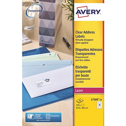 Avery Etichette permanenti per indirizzi, Per stampanti laser, 63,5 x 38,1 mm, 25 fogli, 21 etichette per foglio, Autoadesive, Trasparente - 1