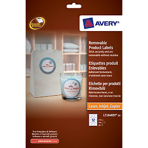 Avery Etichette rimovibili per prodotti, Per tutte le stampanti, Diametro 60 mm, Rotonde, 20 fogli, 12 etichette per foglio, Autoadesive, Bianco