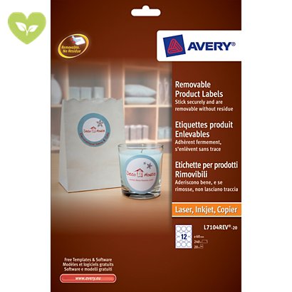 Avery Etichette rimovibili per prodotti, Per tutte le stampanti, Diametro 60 mm, Rotonde, 20 fogli, 12 etichette per foglio, Autoadesive, Bianco - 1