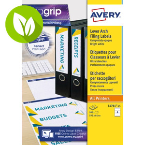 Avery Etiqueta lomera de archivador de palanca para impresoras de inyección de tinta, 61 x 192 mm, 25 hojas, 4 etiquetas por hoja, autoadhesivas, blanco brillante Avery Etiqueta lomera de archivador de palanca para impresoras de inyección de tinta, 61 x 192 mm, 25 hojas, 4 etiquetas por hoja, autoadhesivas, blanco brillante