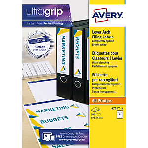 Avery Etiqueta lomera de archivador de palanca para impresoras de inyección de tinta, 61 x 192 mm, 25 hojas, 4 etiquetas por hoja, autoadhesivas, blanco brillante Avery Etiqueta lomera de archivador de palanca para impresoras de inyección de tinta, 61 x 192 mm, 25 hojas, 4 etiquetas por hoja, autoadhesivas, blanco brillante