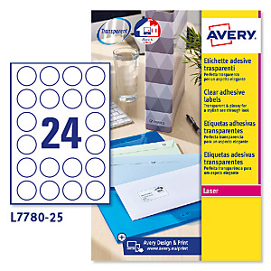 Avery Etiqueta de papel adhesiva permanente, redonda, 40 mm, 25 hojas, 24 etiquetas por hoja, transparente Avery Etiqueta de papel adhesiva permanente, redonda, 40 mm, 25 hojas, 24 etiquetas por hoja, transparente