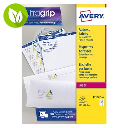 Avery Etiqueta de papel autoadhesiva permanente, 72 x 63,5 mm, 100 hojas, 12 etiquetas por hoja A4, blanco - 1