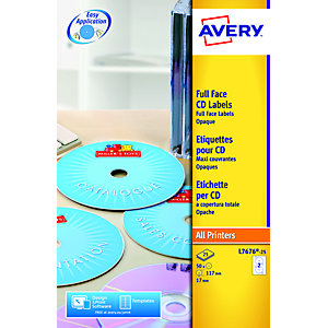 Avery Etiquetas completas para CDs/DVDs para impresoras láser, 117 mm de diámetro, 25 hojas, 2 etiquetas por hoja, blanco mate