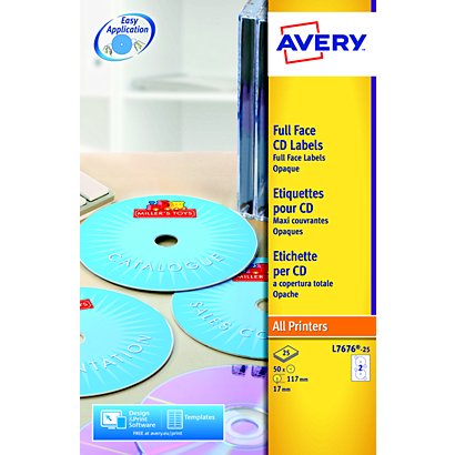 Avery Etiquetas completas para CDs/DVDs para impresoras láser, 117 mm de diámetro, 25 hojas, 2 etiquetas por hoja, blanco mate - 1