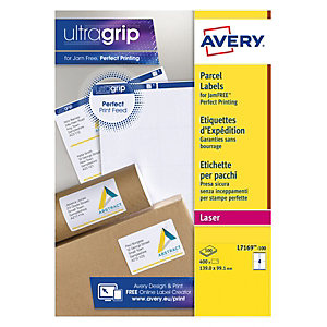 Avery Etiquetas de dirección de paquetes para impresoras láser, 139 x 99,1 mm, 100 hojas, 4 etiquetas por hoja, autoadhesivas, blancas