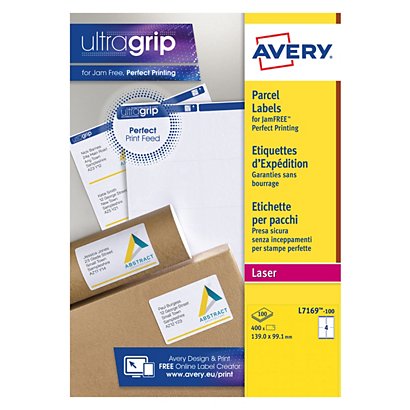 Avery Etiquetas de dirección de paquetes para impresoras láser, 139 x 99,1 mm, 100 hojas, 4 etiquetas por hoja, autoadhesivas, blancas - 1