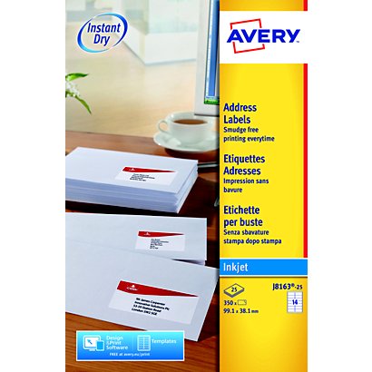 Avery Etiquetas de dirección para impresoras de inyección de tinta, 99,1 x 38,1 mm, 25 hojas, 14 etiquetas por hoja, autoadhesivas, blancas - 1