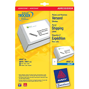 Avery Etiquetas de dirección para impresoras de inyección de tinta, 199,6 x 289,1 mm, 25 hojas, 1 etiqueta por hoja, autoadhesivas, blancas Avery Etiquetas de dirección para impresoras de inyección de tinta, 199,6 x 289,1 mm, 25 hojas, 1 etiqueta por hoja, autoadhesivas, blancas