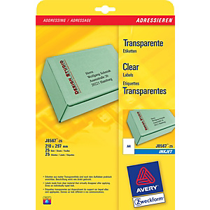 Avery Etiquetas de dirección para impresoras de inyección de tinta, 210 x 297 mm, 25 hojas, 1 etiqueta por hoja, autoadhesivas, trasparentes Avery Etiquetas de dirección para impresoras de inyección de tinta, 210 x 297 mm, 25 hojas, 1 etiqueta por hoja, autoadhesivas, trasparentes