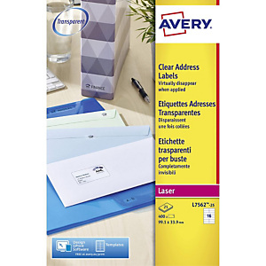 Avery Etiquetas de dirección para impresoras láser, 99,1 x 33,9 mm, 25 hojas, 16 etiquetas por hoja, autoadhesivas, transparentes Avery Etiquetas de dirección para impresoras láser, 99,1 x 33,9 mm, 25 hojas, 16 etiquetas por hoja, autoadhesivas, transparentes