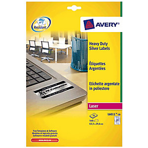 Avery Etiquetas de uso intensivo para impresoras láser en blanco y negro, 63,5 x 29,6 mm, 20 hojas, 27 etiquetas por hoja, plata