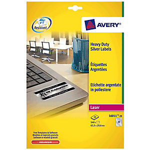 Avery Etiquetas de uso intensivo para impresoras láser en blanco y negro, 63,5 x 29,6 mm, 20 hojas, 27 etiquetas por hoja, plata Avery Etiquetas de uso intensivo para impresoras láser en blanco y negro, 63,5 x 29,6 mm, 20 hojas, 27 etiquetas por hoja, plata