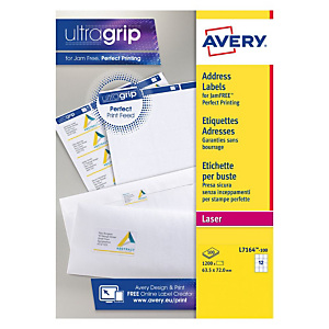 AVERY Etiquettes auto-adhésives d'adresses laser, faciles à décoller, 63,5 x 72 mm - 100 feuilles, 12 étiquettes par feuilles A4 - Blanches AVERY Etiquettes auto-adhésives d'adresses laser, faciles à décoller, 63,5 x 72 mm - 100 feuilles, 12 étiquettes par feuilles A4 - Blanches