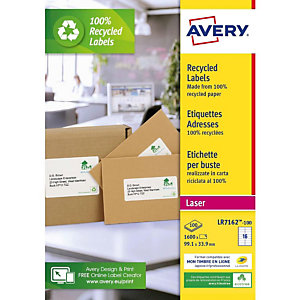 AVERY Etiquettes auto-adhésives d'adresses recyclées, faciles à décoller,  99,1 X 33,9 mm - 100 feuilles, 16 étiquettes par feuilles A4 - Blanches