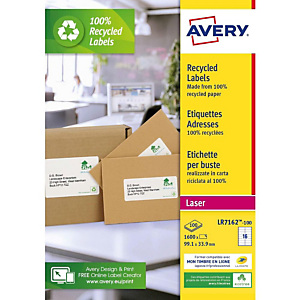 AVERY Etiquettes auto-adhésives d'adresses recyclées, faciles à décoller, 99,1 X 33,9 mm - 100 feuilles, 16 étiquettes par feuilles A4 - Blanches AVERY Etiquettes auto-adhésives d'adresses recyclées, faciles à décoller, 99,1 X 33,9 mm - 100 feuilles, 16 étiquettes par feuilles A4 - Blanches