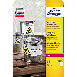 AVERY Extra sterk etiket voor laserprinter, weerbestendig, 210 x 297 mm, 20 vellen, 1 etiket per vel, wit AVERY Extra sterk etiket voor laserprinter, weerbestendig, 210 x 297 mm, 20 vellen, 1 etiket per vel, wit