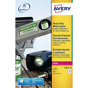 AVERY Extra sterk etiket voor laserprinter, weerbestendig, 63,5 x 38,1 mm, 20 vellen, 21 etiketten per vel, wit