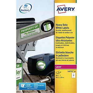 AVERY Extra sterk etiket voor laserprinter, weerbestendig, 99,1 x 139 mm, 20 vellen, 4 etiketten per vel, wit AVERY Extra sterk etiket voor laserprinter, weerbestendig, 99,1 x 139 mm, 20 vellen, 4 etiketten per vel, wit