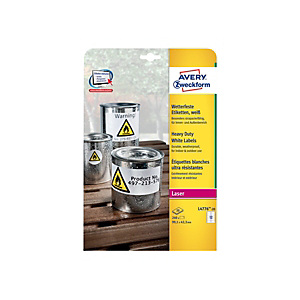 AVERY Extra sterk etiket voor laserprinter, weerbestendig, 99,1 x 42,3 mm, 20 vellen, 12 etiketten per vel, wit AVERY Extra sterk etiket voor laserprinter, weerbestendig, 99,1 x 42,3 mm, 20 vellen, 12 etiketten per vel, wit