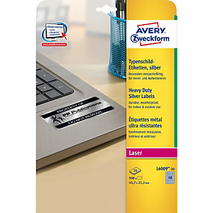 AVERY Extra sterke etiketten voor zwartwit laserprinters, 45,7 x 21,2 mm, 20 vellen, 48 etiketten per vel, zilver AVERY Extra sterke etiketten voor zwartwit laserprinters, 45,7 x 21,2 mm, 20 vellen, 48 etiketten per vel, zilver