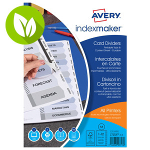 Avery IndexMaker™ Separadores imprimibles, A4, cartón, 12 pestañas, transparente