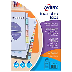Avery Índices de archivado de 12 piezas, A4, polipropileno, colores variados Avery Índices de archivado de 12 piezas, A4, polipropileno, colores variados